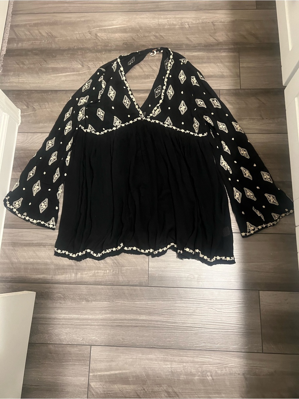 Free People Black Tunic Top with Ivory Embroidered Accents